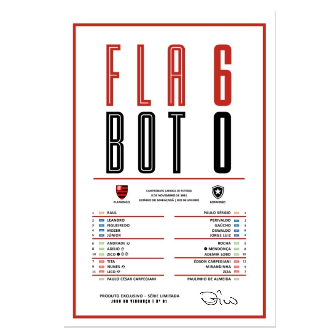 Quadro "Fla 6 x 0 Bota: O Jogo da Vingança" (autógrafo manual do Zico)