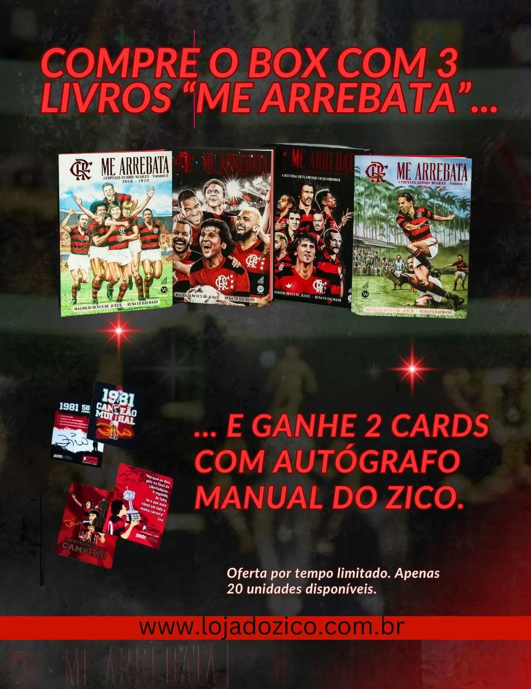 Box "Me Arrebata" com 3 Livros + 2 Cards Zico Autografados
