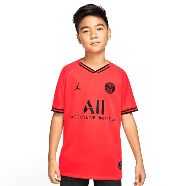 Camisa Jordan Paris SaintGermain juvenil Away 1920 s/n Torcedor Nike - Vermelho + Preto AJ5816-613